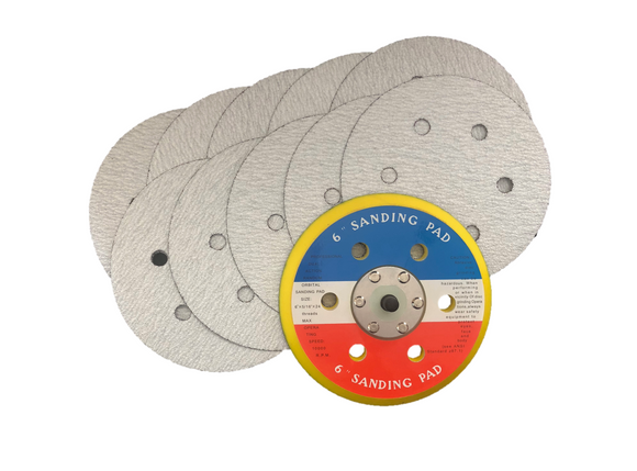 150mm 6 Hole Backing Pad + 10x 6 Hole Sanding Discs (Mixed Grit Packs)